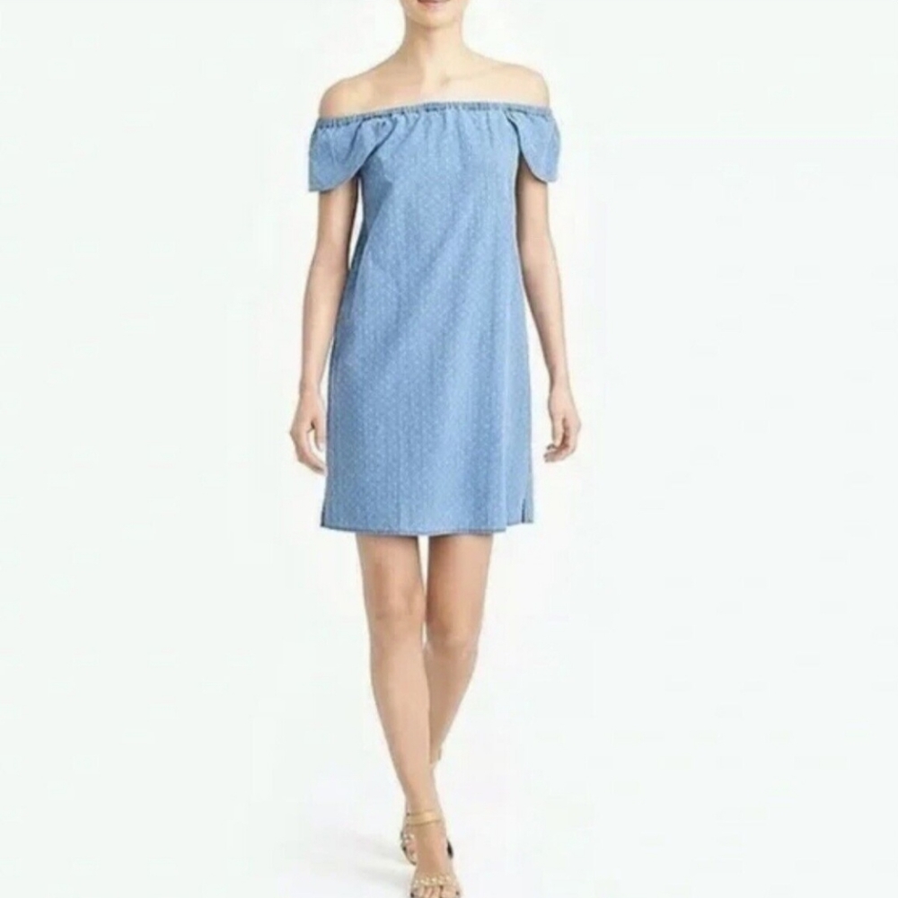 J. Crew Indigo Dobby Off-The-Shoulder Dress Size 0 NWT